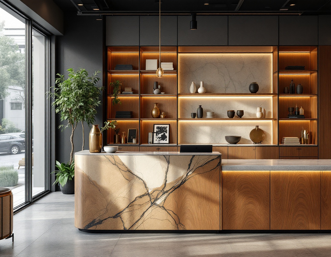 Custom commercial reception counter and display shelving in timber and stone