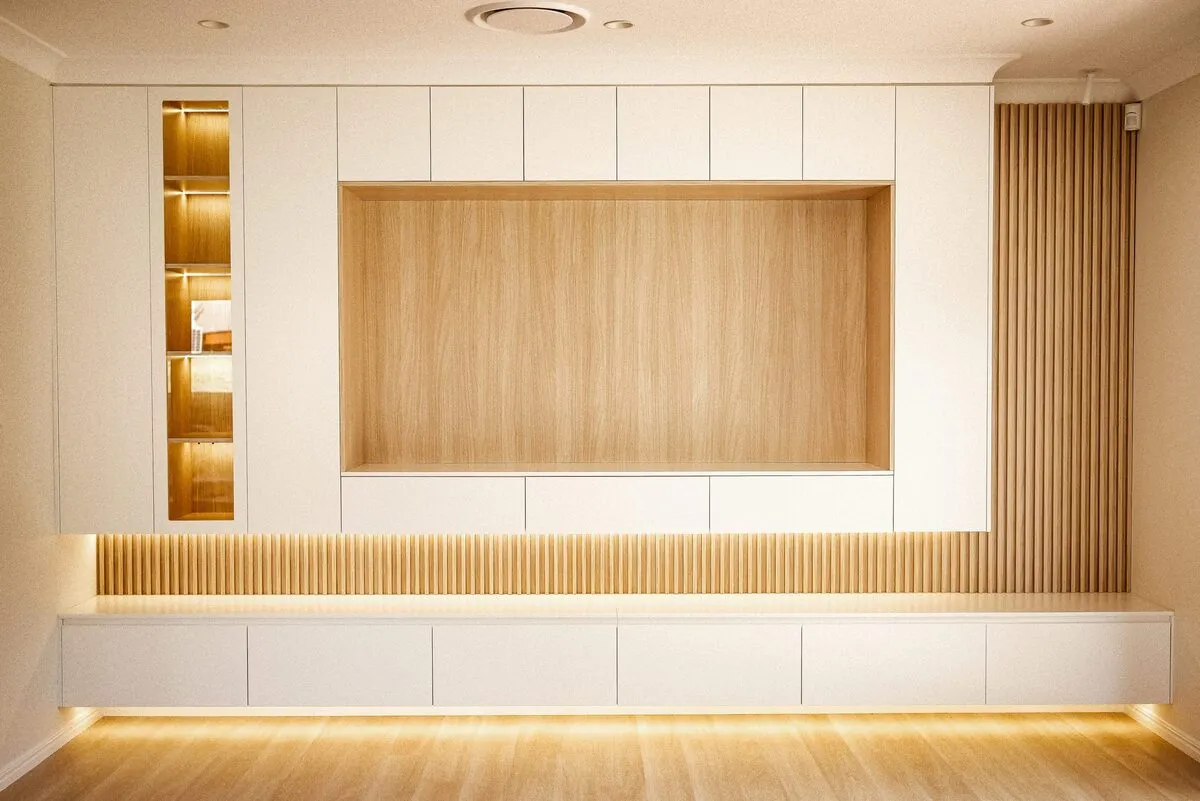 Custom built-in joinery and storage wall in a renovated Sydney home