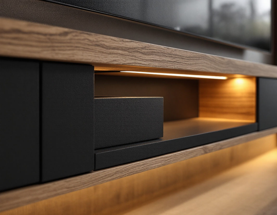 Floating TV media cabinet with concealed cable management and ambient lighting