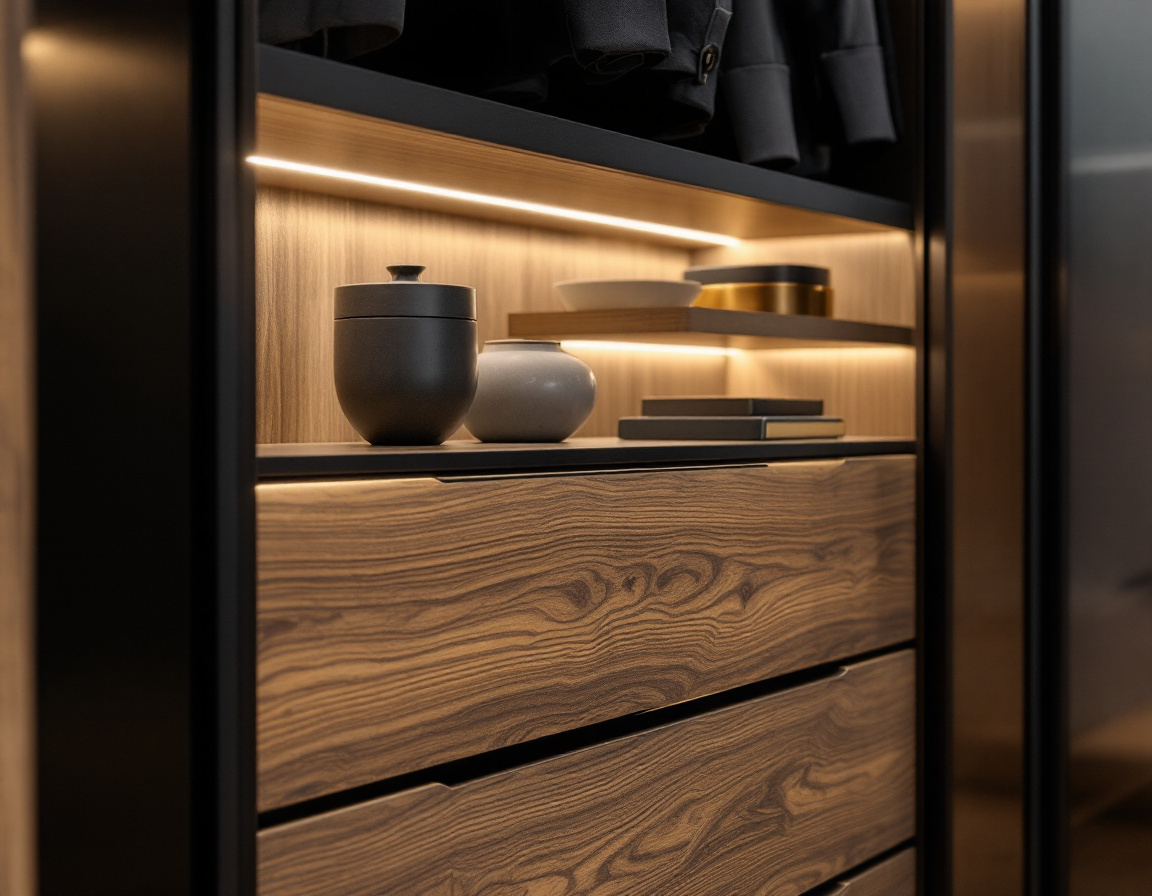 Luxury walk-in wardrobe with backlit shelving and glass-front drawers